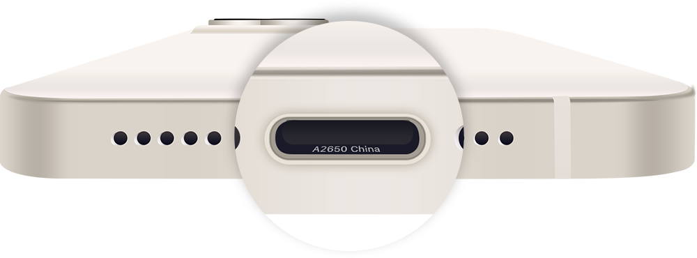 Apple 공식 아이폰 충전 포트 사진의 모델 번호 위치